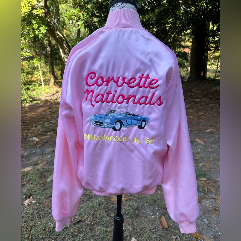 VTG Corvette Nationals Bubblegum Pink Satin Jacket Indianapolis 1989 Size M Auto